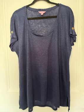 Lilly Pulitzer Sandi 100% Linen Navy Blue Roll Tab Top XL